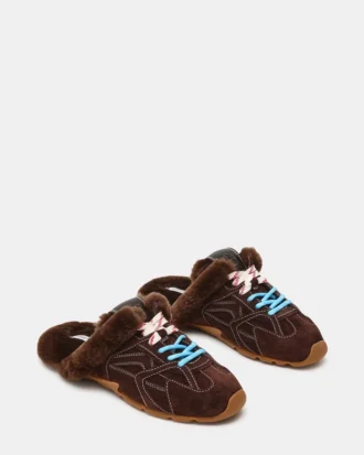 Mule Aziel din piele de căprioară maro ciocolatiu cu blană artificială