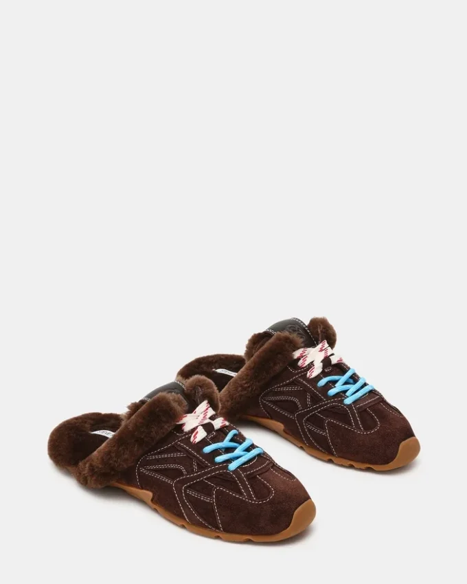 Mule Aziel din piele de căprioară maro ciocolatiu cu blană artificială