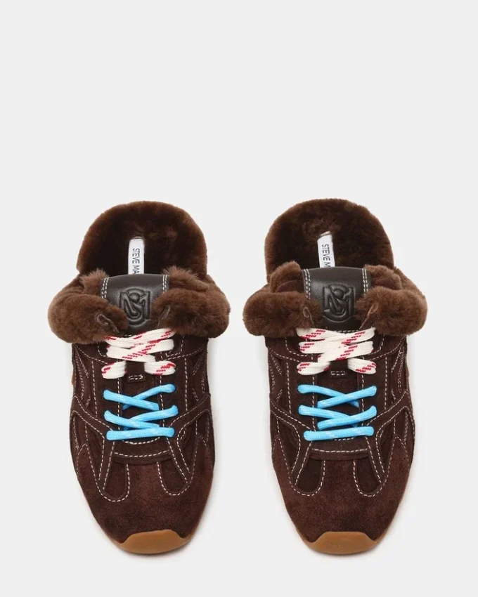 Mule Aziel din piele de căprioară maro ciocolatiu cu blană artificială