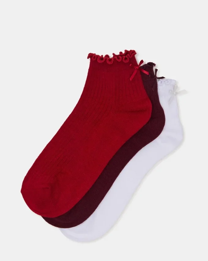 Pachet de 3 perechi de Șosete Melody cu margini ondulate și fundiță, roșu multicolor