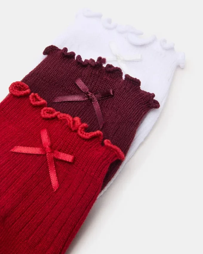 Pachet de 3 perechi de Șosete Melody cu margini ondulate și fundiță, roșu multicolor