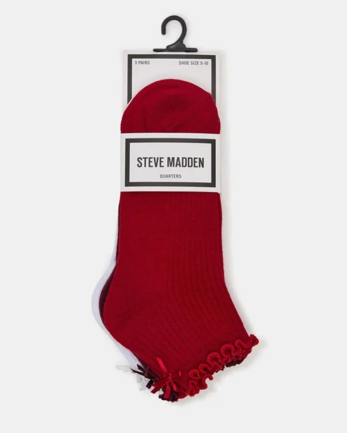 Pachet de 3 perechi de Șosete Melody cu margini ondulate și fundiță, roșu multicolor