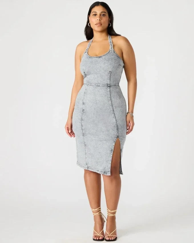 Rochie din denim Gia, gri deschis