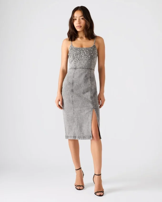 Rochie din denim Giselle cu ornamente, culoare Fog