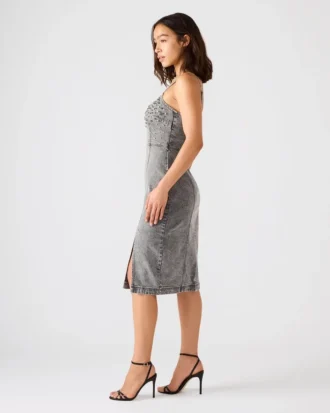 Rochie din denim Giselle cu ornamente, culoare Fog