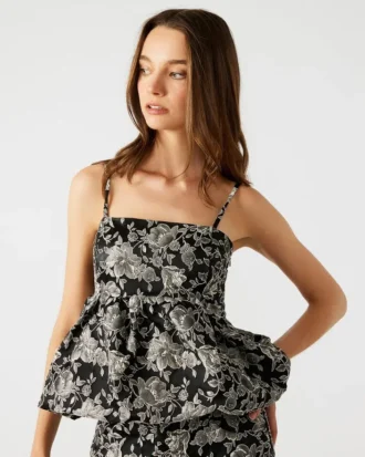 Top Bodi negru cu imprimeu floral
